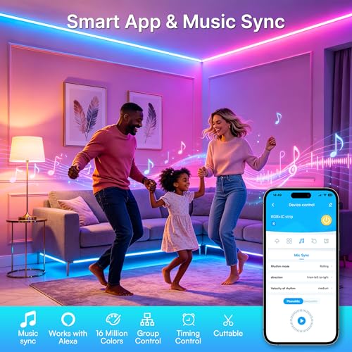 Image of TJOY 90ft Smart Led Strip Lights for Bedroom, Compatible with Alexa and Google Assistant, RGB Color Changing, Wireless Music Sync Led Lights for Room Decor(APP+Remote+Voice)