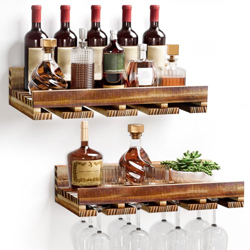 Homde Wall Mounted Wine Rack Set, 2 Pack Pine Wood Wine Racks with Glass Holder, Rustic Farmhouse Floating Bar Shelves for Liquor Bottles & Stemware for Home Bar/Kitchen/Living Room Decor