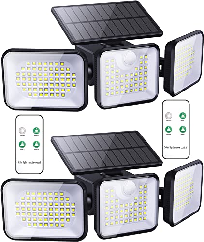 Solar Outdoor Lights 2000LM 180 LEDs, Solar Flood Lights Outdoor Motion Sensor with Remote, 3 Adjustable Heads, 360° Illumination, 3 Lighting Modes, IP65 Solar Security Lights for Garage Yard 2 Pack
