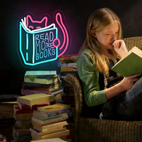 Image of Read More Books Neon Sign Read Books and Be Kind Neon Signs for Wall Decor Cute Animal Reading USB Dimmable LED Lights for Student Suitable for Classroom Bookstore Library Museum Study Room Gift for Teen Boys Girls Christmas