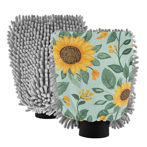 Cartoon Sunflowers Leaves Wash Mitten for Cars 2 Pack Gloves for Cars Washing Scratch Free Detailing Sponge for Hand Brush Cleaning