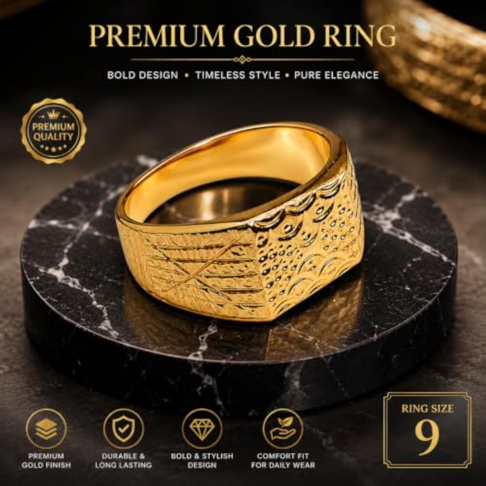 Men's Gold-Toned Engraved Signet Ring with Textured Pattern