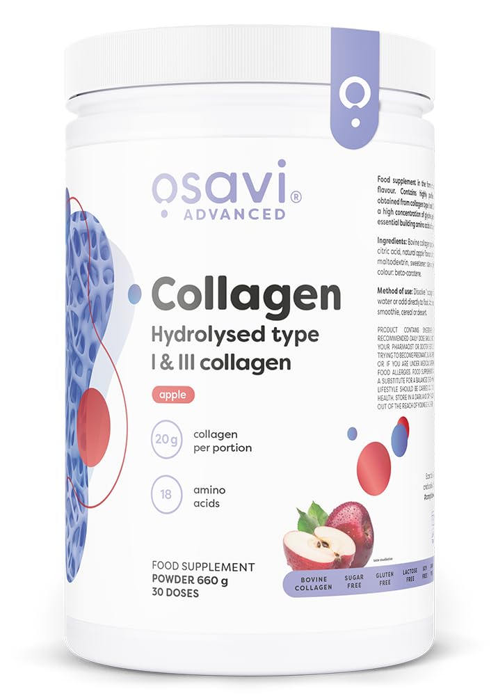 Osavi Collagen Peptides, Hydrolyzed Type 1 & 3 – Powder 600g | 20g Collagen per Serving | 18 Amino Acids, Including Glycine, Proline | Supports Muscles and Bones | Apple Flavour | Easily Soluble