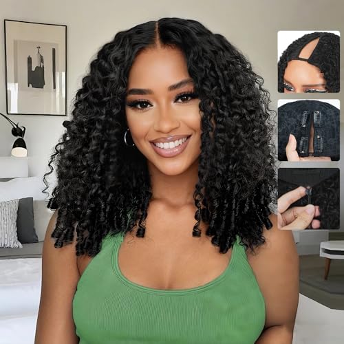 Mamushow V Part Wig Human Hair Burmese Curly Wig No Leave Out No Sew in 180% Density Upgraded U Part Human Hair Wig with Drawstring Glueless V Shape Clip in Half Wig for Women Natural Black 20 Inch