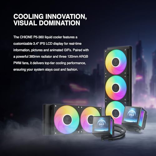 GAMDIAS CHIONE P5 360mm AIO CPU Liquid Cooler, Rotatable Magnetic 3.4 IPS LCD Screen Display, Fully Customizable w/Software, Hidden Cable Design, 3 x 120mm ARGB PWM Fan, Intel LGA 1851/AMD AM5, Black