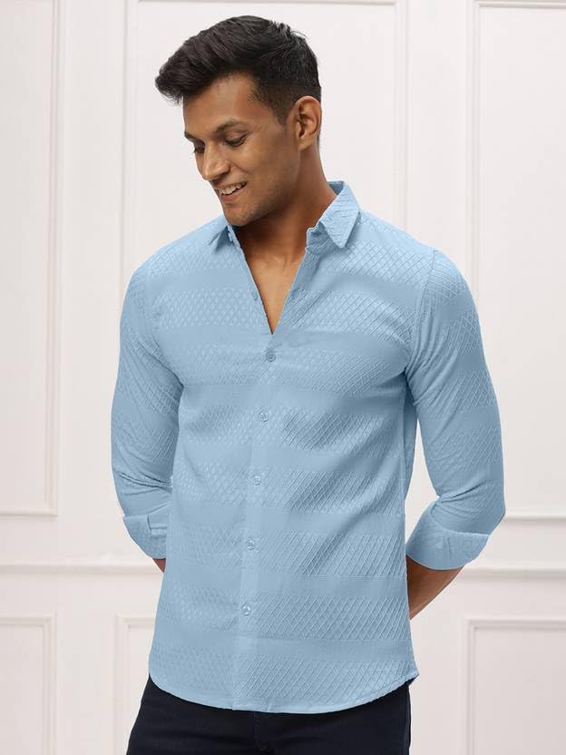 Image of Men's Polycotton Casual Textured Button Down Regular Fit Shirts Long Sleeve Shirt