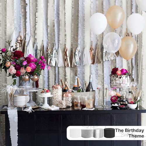 Image of PartyWoo Silver Crepe Paper Streamers 8 Rolls 656 ft Pack of Metallic Silver Crepe Paper for Graduation Baby Shower New Year Birthday Party Decorations (1.8 Inch x 82 Ft /Roll), Silver-706