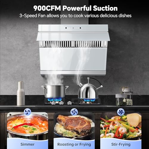 Image of Tieasy Under Cabinet Range Hood 30 Inch, 900 CFM Wall Mount Vent Hood with Auto-cleaning Function,Gesture & Touch Control, Silver Grey Tempered Glass Surface Kitchen Hood 3 Speed Exhaust Fan
