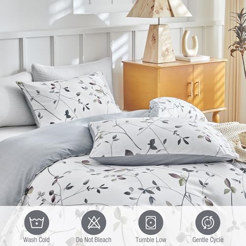 Image of Lekesky Reversible Duvet Cover Queen Size, White Grey Tree Branch Pattern Comforter Cover Queen 3pc Super Soft Microfiber Breathable Botanical Bedding Sets with Zipper Ties