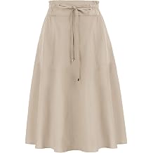 KANCY KOLE Women Casual Cotton Linen Skirts Frill Tie Waist A-Line Midi Skirt with Pockets S-XXL