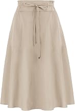 Women Casual Cotton Linen Skirts Frill Tie Waist A-Line Midi Skirt with Pockets S-XXL
