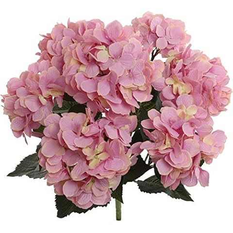 Larksilk Hydrangea Silk Flower Bush, Seven Heads Per Bush, Real Touch UV Resistant, Indoor & Outdoor Silk Plant with Adjustable Stem and Rich Green Leaves - Faux Outdoor Pink Hydrangeas for Wedding Cover