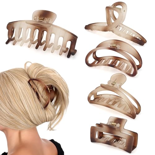 5 Pcs Big Hair Claw Clips Matte Claw Clips for Women Gradient Amber Brown Strong Hold Non-Slip Large Hair Clips for Long Thick/Thin Hair with Multi-Styles Hair Accessories