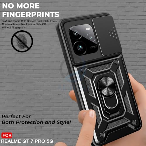 Image of AESTMO Tough Armor Realme GT 7 Pro 5G Bumper Back Case Cover | Ring Holder & Sliding Camera Shield Cover | 360 Degree Protection Back Case Cover for Realme GT 7 Pro 5G (Black)