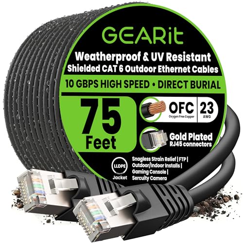 Image of GEARit Cat6 Outdoor Ethernet Cable (75ft) 23AWG Pure Copper, FTP, LLDPE, Waterproof, Direct Burial, In-Ground, UV Resistant, POE, Network, LAN, Internet, Cat 6, Cat6 Cable - 75 Feet