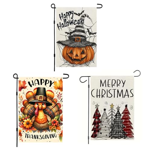3 Pack Happy Halloween Thanksgiving Christmas Garden Flag12 x 18 inch Double Sided Outside decorations Holiday Pumpkin Turkey Xmas Tree Small Garden Flags For Outdoor Yard Lawn