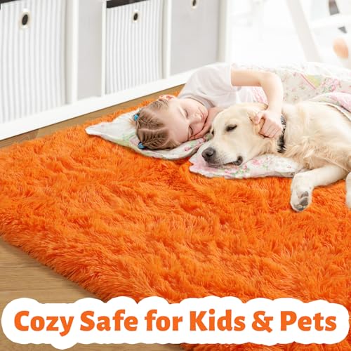 Amdrebio Orange Rugs for Bedroom Living Room, 5x7 Fluffy Fuzzy Area Rugs for Kids Room Decor Aesthetic, Cute Furry Plush Shag Carpet for Toddler Teen Girls Boys Baby Nursery Dorm Playroom Classroom