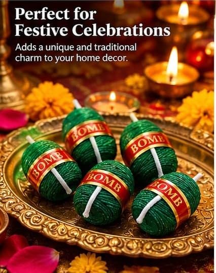 Image of Sutli Bomb Shaped Decorative Candles for Diwali Decoration (Pack of 6) | Festive Green Cracker Design Wax Candles | Home Decor, Pooja, Diwali Gift, Party & Festival Decoration