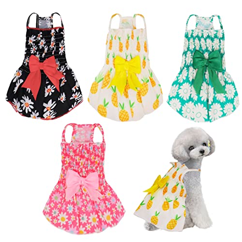 4 PCs Dog Bow-Knot Floral Dress, Pet Princess Dresses for Small Girl Dog, Dog Princess Braces Suspender Skirt, Puppy Floral Summer Sundress Doggy Outfit for Small Dogs Cats Rabbits (Medium)