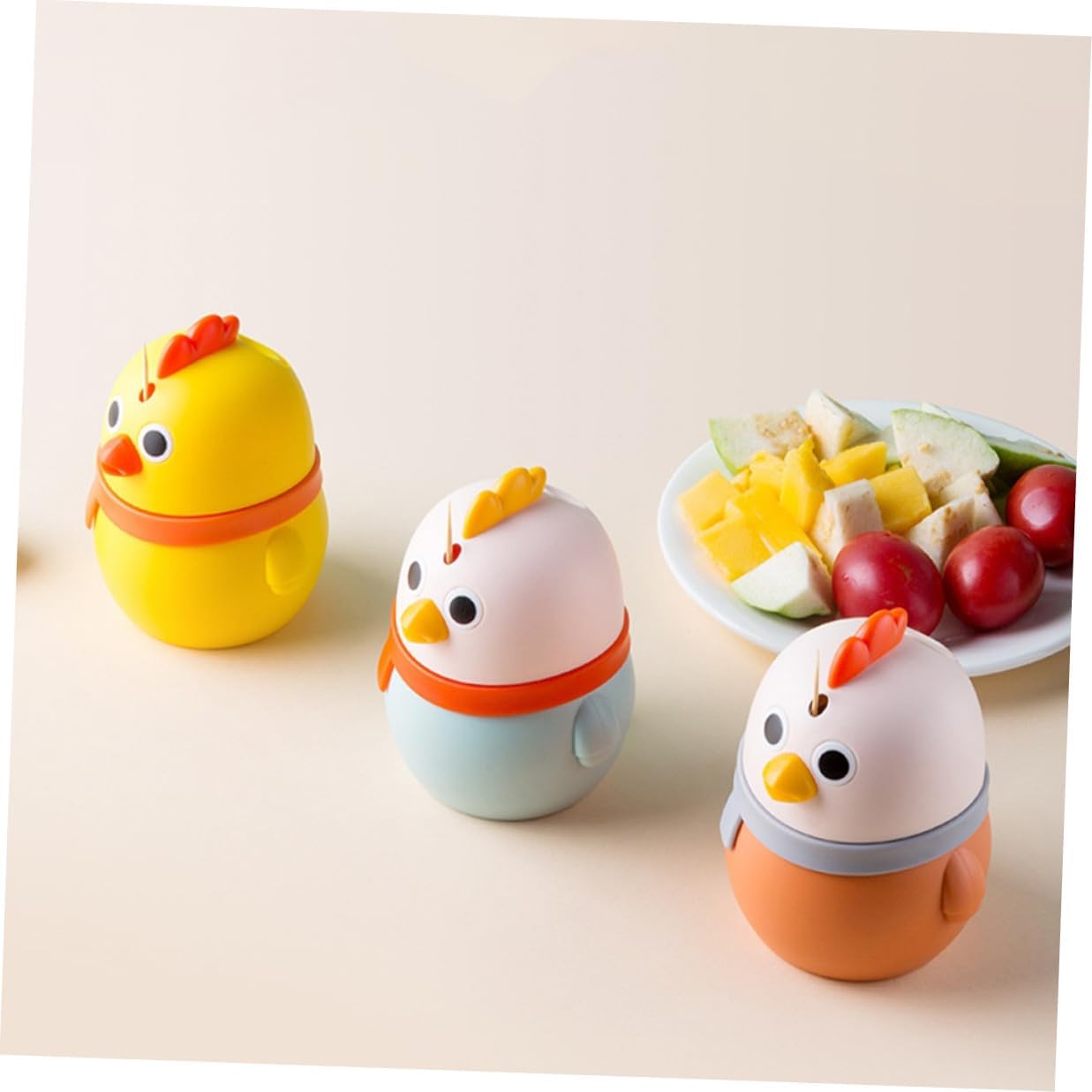 3pcs Cute Chick Toothpick Holder Set with Lid, Household Desktop Toothpick Dispenser Organizer in Blue, Orange, Yellow for Kitchen and Dining Table Storage