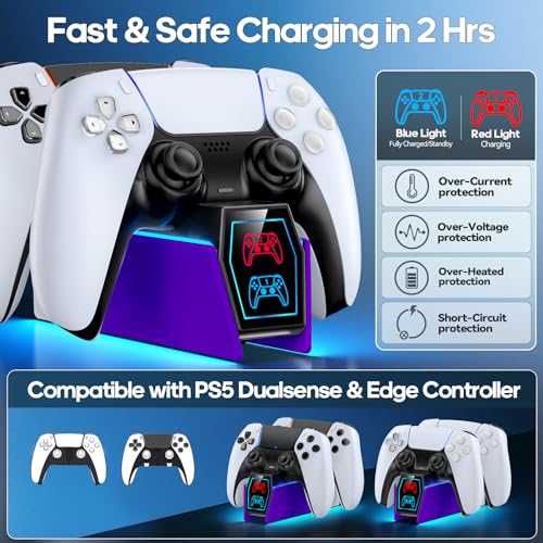Image of Controller Charger Station Compatible with Play 5 Faceplates Edge & Dual Controller, 9 Lightings P 5 Accessories Charging Station, P 5 Dock Stand with LED Indicator for Sony PSP Accessory Kits
