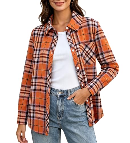 Image of SANGTREE Women and Girls Long Sleeve Flannel Casual Button Down Plaid Shirt