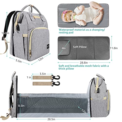 Diaper Bag Backpack with Changing Station, DerJunstar Baby Diaper Bags for Baby Boy & Girls, Multifunctional Travel Diaper Waterproof Backpack, New Mom Gifts for Women,B. Gray