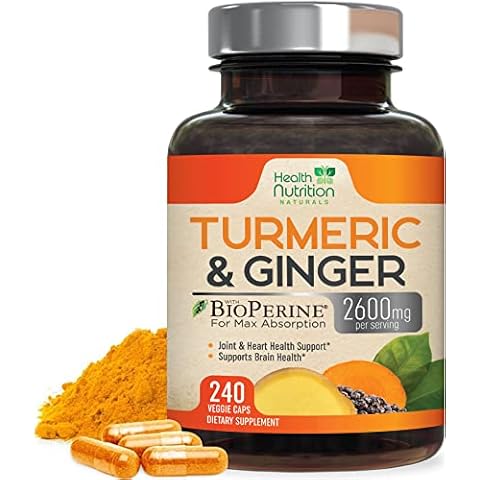Turmeric Curcumin with BioPerine & Ginger 95% Curcuminoids 2600mg - Natural Heart & Joint Support, Black Pepper for Max Absorption - Health Nutrition Turmeric Extract Supplement - 240 Capsules Cover