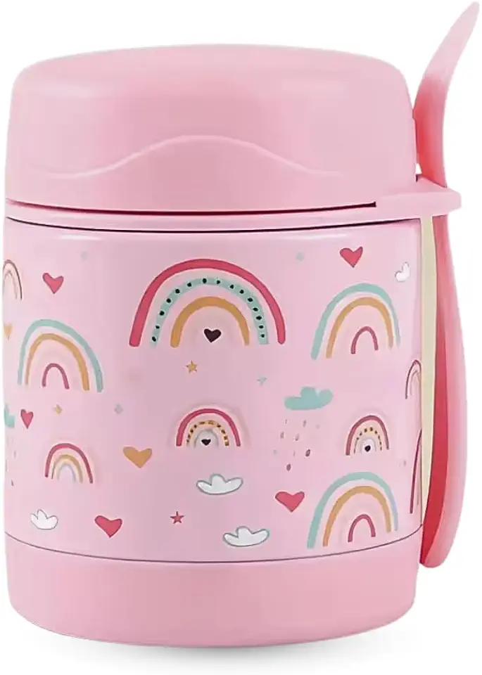 Pote Térmico c/colher - 300ml Hermético - Aço Inox com parede dupla e Isolamento à vácuo - Ideal para Frutas Sopas Papinha Marmita - Quente e Frio (Arco-Íris - Rosa)