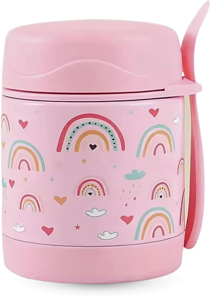 Pote Térmico c/colher - 300ml Hermético - Aço Inox com parede dupla e Isolamento à vácuo - Ideal para Frutas Sopas Papinha Marmita - Quente e Frio (Arco-Íris - Rosa)