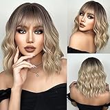 PATTNIUM Ombre Blonde Wigs with Bangs Blonde Wigs for Women Short Wavy Curly Blonde Bob Wig Shoulder Length Heat Resistant Synthetic Wig (Ombre Blonde)