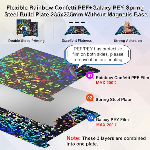 IdeaFormer Smooth Rainbow Confetti+Galaxy PEF Druckplatte 235x235mm, Federstahl PEF Build Plate Keine Magnetisch Druckbett für Creality K1C/K1/K1 SE/Ender 3 V3 SE/KE/Ender 3 S1/Pro/Ender 5 S1