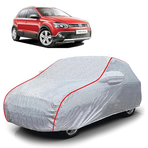 Image of Sulfar 100% Waterproof Car Body Cover Compatible with Mirror for Volkswagen Polo Cross (Triple Stitched, Full Bottom Elastic, Magic Silver with Red Piping)