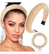 Bouory Gold Rhinestone Headband Padded Wide Hairband with Beaded Hair Ties Glitter Crystal Headba...