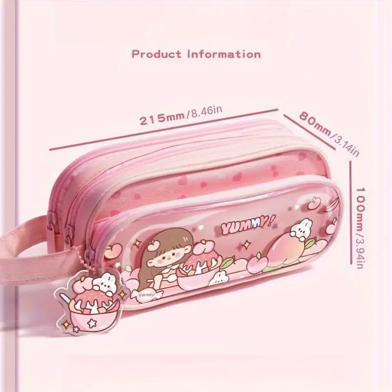 Image of Zqiue Canvas Large Capacity Transparent Cartoon Print Pencil Case 3 Compartment Cute Aesthetic Pencil Case for Girls Multifunctional Stationery Organizer for School Office