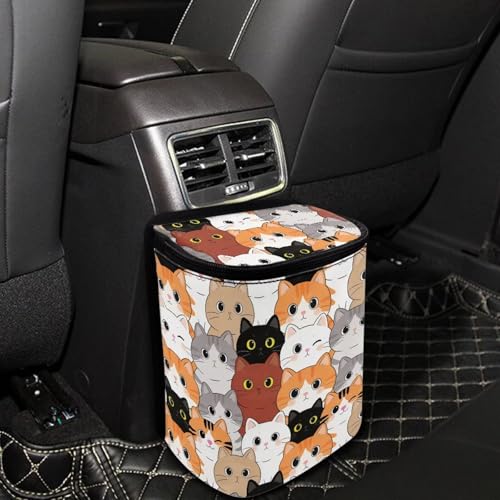 Image of Talayituse Cartoon Cat Print Car Trash Can Portable Auto Garbage Bin Multifunctional Vehicle Interior Accessories with Adjustable Straps Universal Fit Truck SUV Sedan