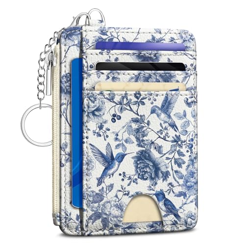 Image of Kelvoris Bird Flowers Credit Card Holder, Small Wallet Women, Slim RFID | Keychain, Zipper Coin Pocket, Front Pocket Thin Travel Card Case, Minimalist, 6 Card Slots, 1 ID Window, Ladies Gifts Woman