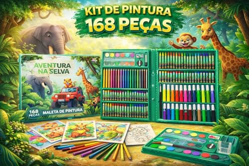 Maleta de Pintura Aventura na Selva, 168 Peças, Kit de Arte Infantil com Canetinhas, Lápis de Cor, Giz de Cera, Aquarela, Verde