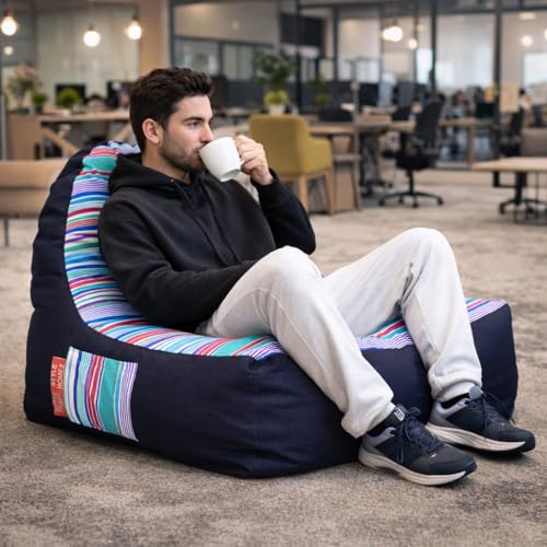 Image of Style Homez Urban Design Denim Canvas Stripes Printed Chair Bean Bag XXL Size Filled with Beans Fillers