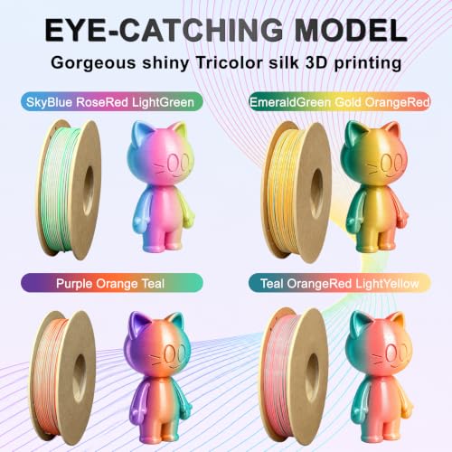 Image of Shiny Tricolor Silk PLA+ 3D Filament Bundle, Shiny Silk PLA+ Filament 1.75mm Fits Most 3D Printers, Smooth Multicolor Change, Multicolor PLA+ Filament for Decorations, 4 Spools 250g Each