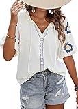 CXMSYY Womens Summer Blouses Floral Embroidered Puff Short Sleeve Shirts V Neck Boho Tunic Casual Blouse, Beige-M