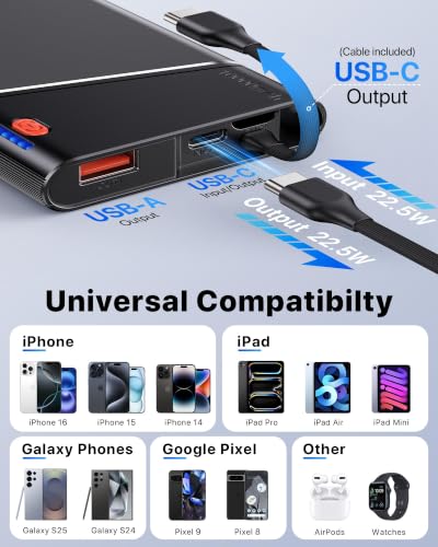 Image of Aaoyun 10000mAh Portable Power Bank, 22.5W PD Fast Charging Battery Pack with Built-in USB-C Cable, Ultra-Slim External Phone Charger for iPhone 17 /16 /15, Samsung Galaxy S24, Android (Grey)