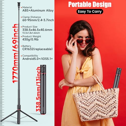Image of WeCool Tripod Selfie Stick Extendable Upto 69Inches with Auto Pop Open Tripod Stand,Magnetic Remote and ABS+Aluminum Body,360 Degree Rotation Mobile Holder