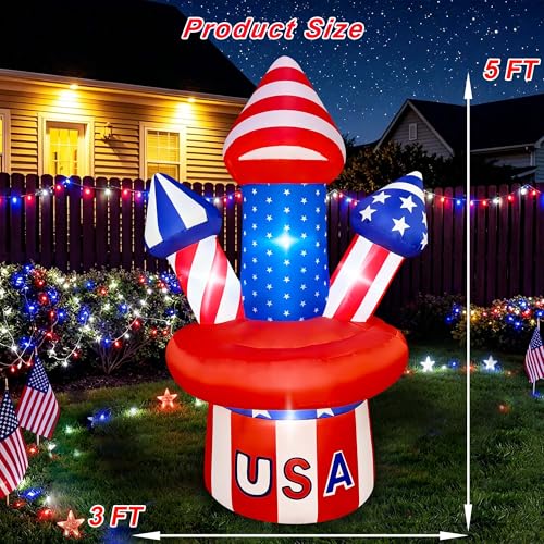 SEASONBLOW 5 Ft 4th of July Inflatables USA Uncle Sam Top Hat with Fireworks Decoration, LED Lighted Patriotic Independence Day Blow Up Firecracker Decor for Lawn Yard Garden Home Memorial Day