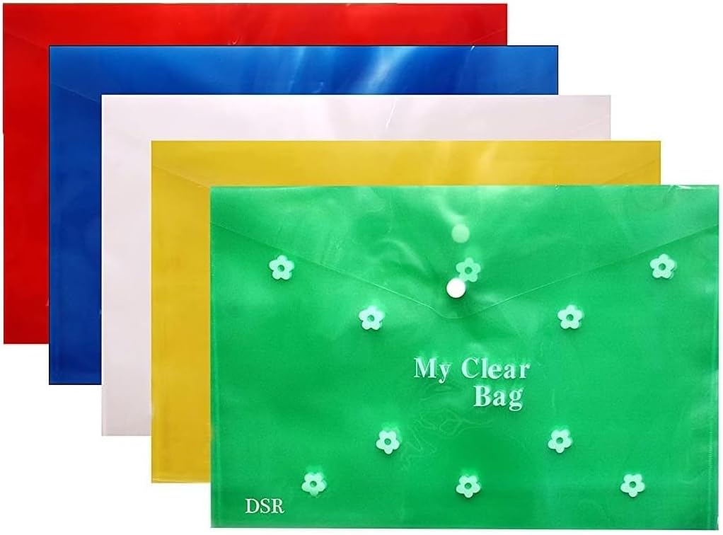 Eclet A4 Document File Folder Bag, Transparent Envelope Holder Storage Case, Snap Button Organizer, Clear Flower Plastic Container for Papers, Stationery(5)