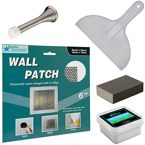 Stella Drywall Repair Patch Kit 6"x6" with Self-Adhesive Metal Patch, Joint Compound, Putty Knife, Sanding Pad and Door Stopper
