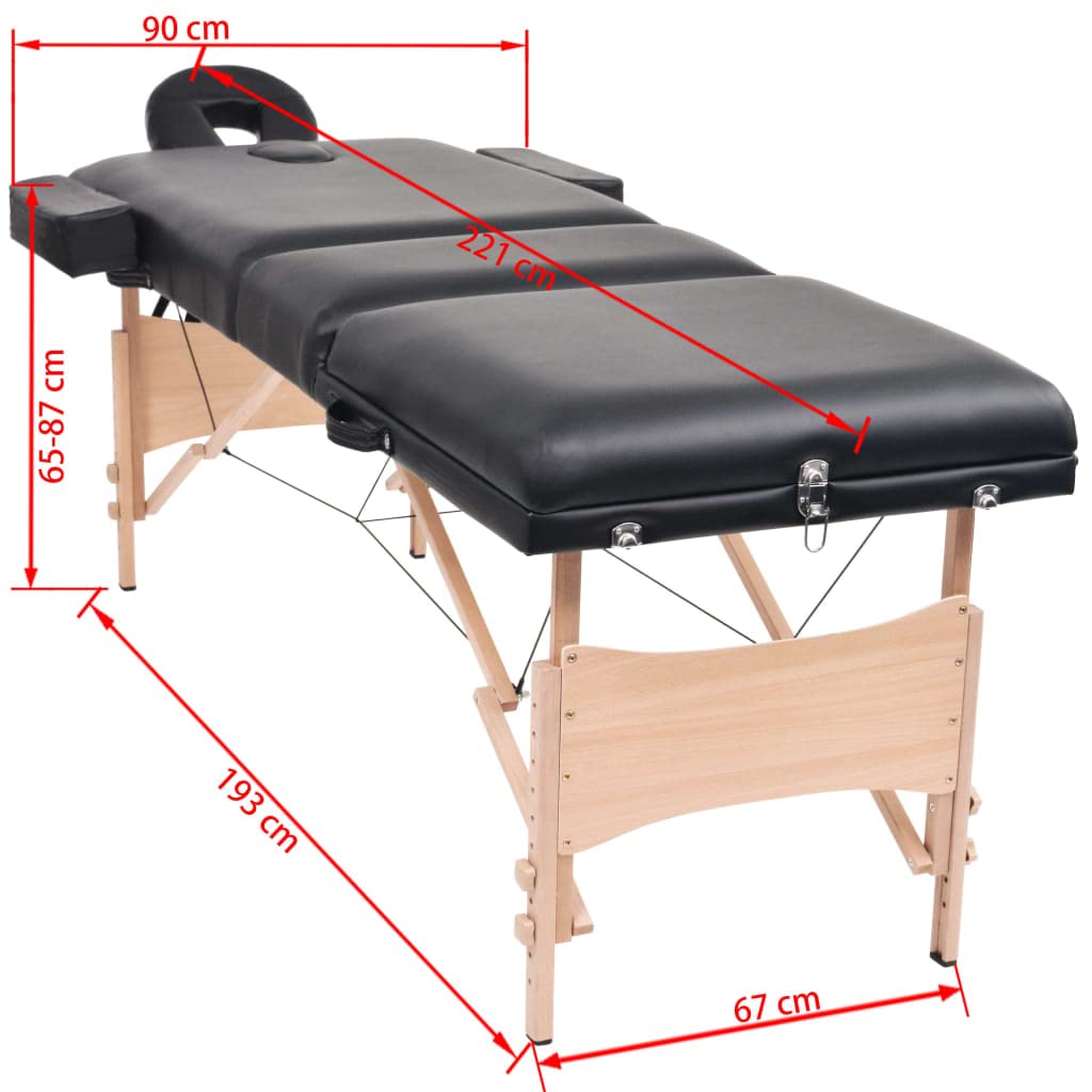 Massageliege 3-Zonen klappbar höhenverstellbar mit Hocker und Nackenrollen für Praxis Studio Spa Wellness mobile kosmetikliege Tattooliege in Schwarz