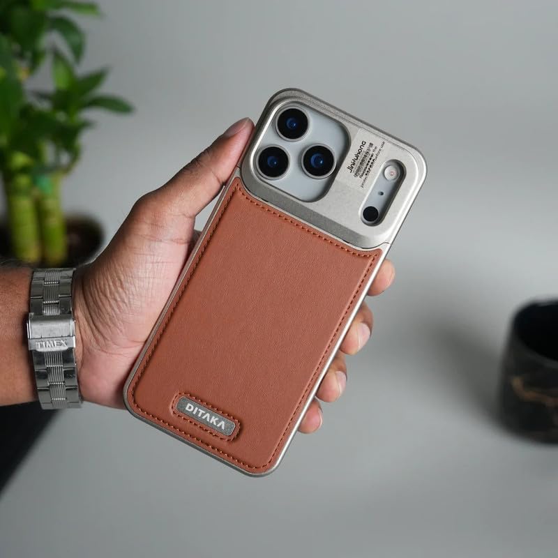 Image of Business Leather Phone Case Compatible with iPhone 17 Pro Max with Mag Charging | Aluminum Alloy Eco-Friendly Cloth Aroma Therapy Phone Case - Brown
