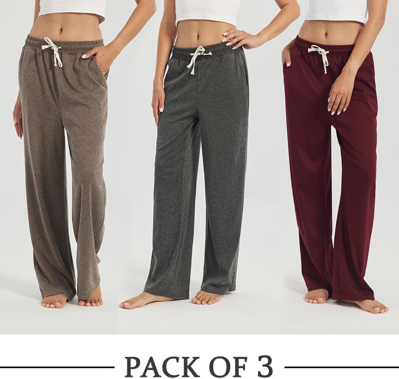 3-Pack Womens Lounge Pants with Pockets, Wide Leg Sweatpants, Soft Comfy Pajama Bottoms with Drawstring Waist - Image 4
