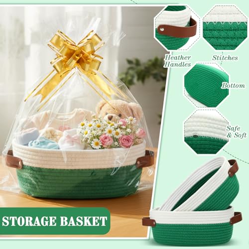 Image of Colingmill 3 Pack Easter Small Woven Basket for Gifts with Handles Clear Bags and Ribbons Empty Storage Basket Decorative Chest Box for Easter Wedding Present(White and Green,12 inchx 8 inchx 5 inch)